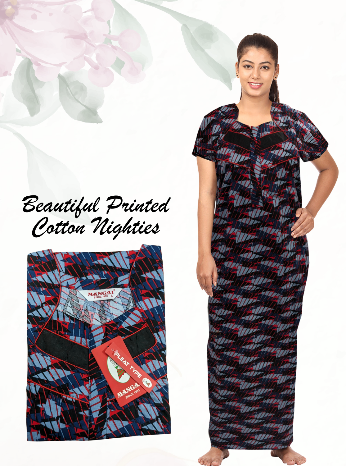 Fresh ArrivalsMANGAI Printed CottonPLEATED Model Nighties - Fancy Neck | With Side Pocket |Shrinkage Free Nighties | Trendy Collection's for Trendy Women's