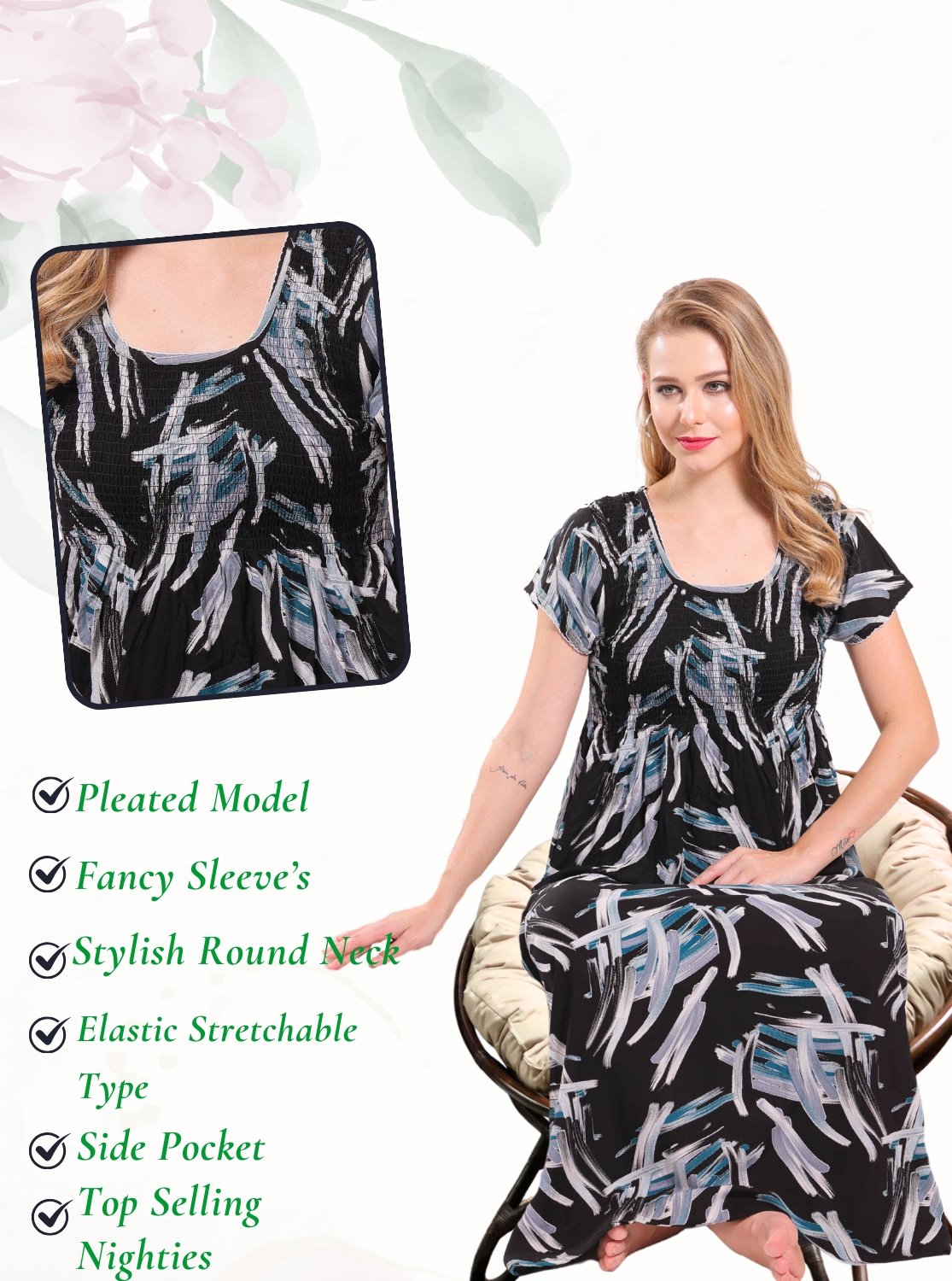 New Arrivals MANGAI Premium RAYON Smokey Nighty | Beautiful Pleated Design | Side Pocket | Stylish Nighty for Trendy Women's | Your Perfect Nightwear Collection's (RYS)