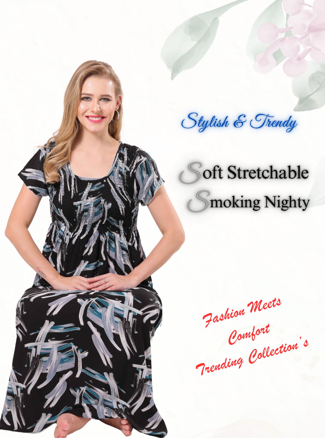 New Arrivals MANGAI Premium RAYON Smokey Nighty | Beautiful Pleated Design | Side Pocket | Stylish Nighty for Trendy Women's | Your Perfect Nightwear Collection's (RYS)