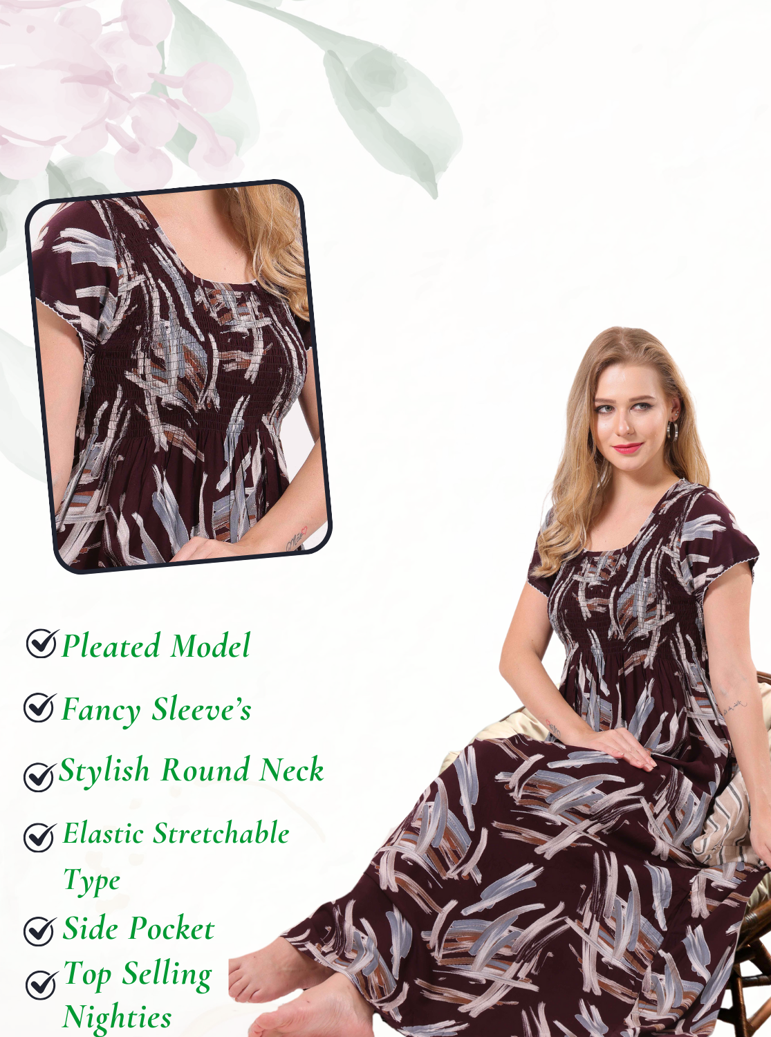 New Arrivals MANGAI Premium RAYON Smokey Nighty | Beautiful Pleated Design | Side Pocket | Stylish Nighty for Trendy Women's | Your Perfect Nightwear Collection's (RYS)