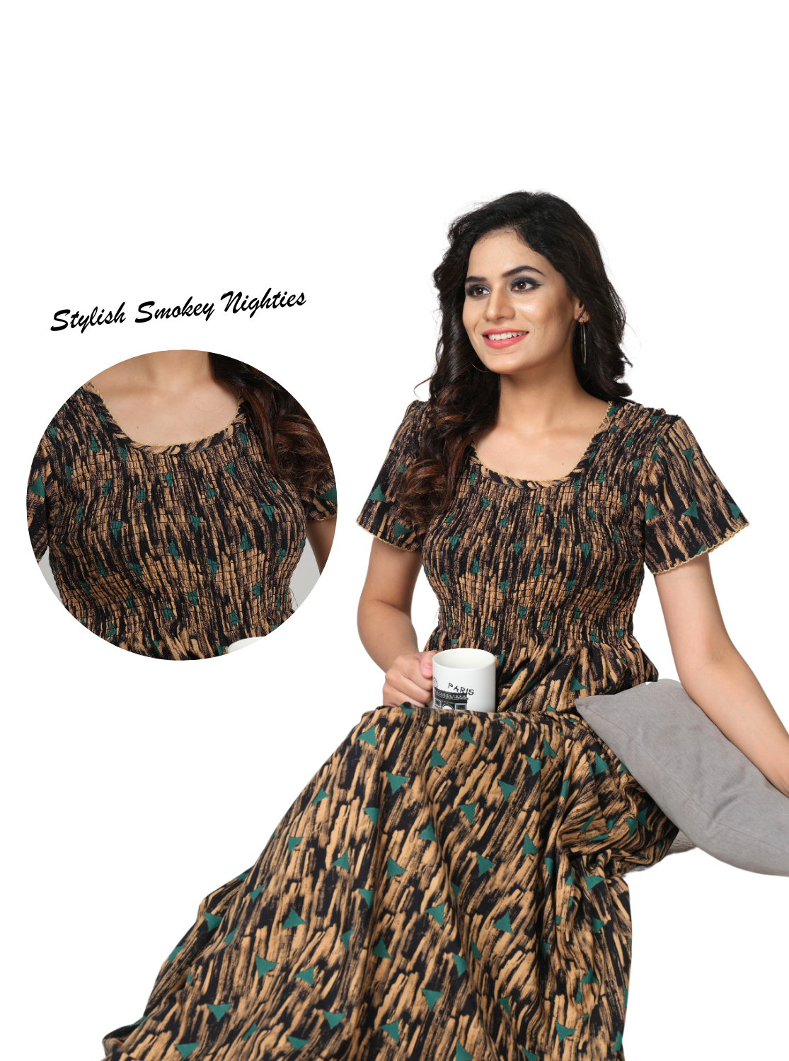 ONLY MINE Premium Synthetic Smokey Nighty | Beautiful Pleated Design | Side Pocket | Stylish Nighty for Stylish Women's