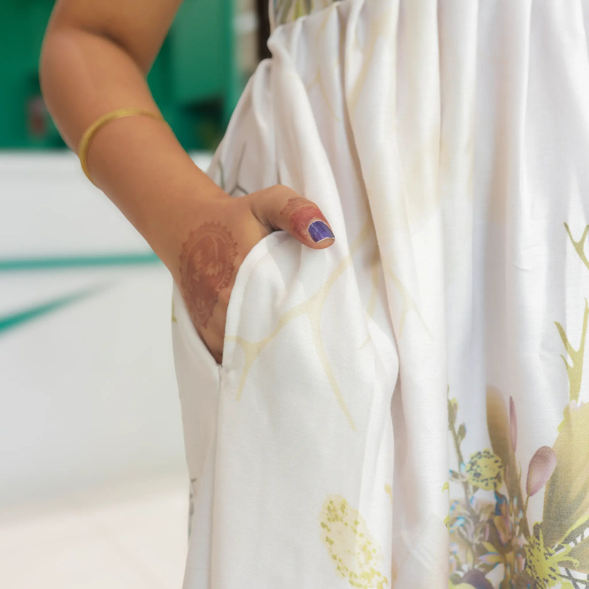 Rayon Cream Floral printed Flared Long Frock with Side Pocket - Mangai Nighties 