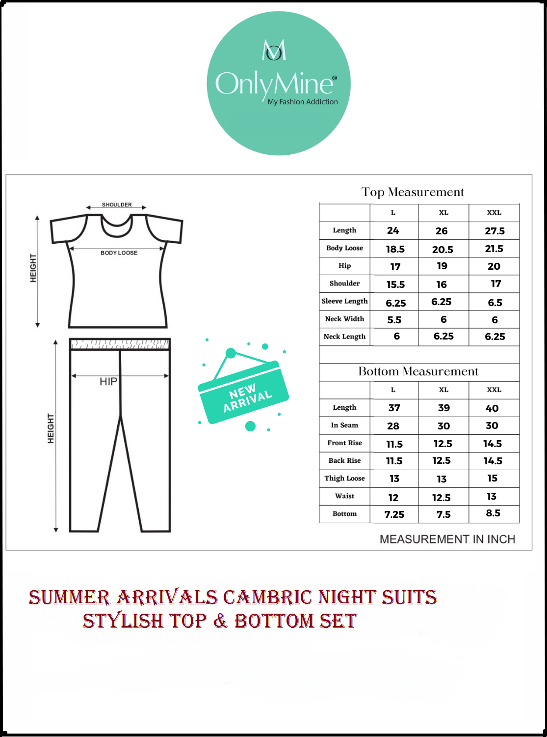 Trendy Collection's NewOnly Mine Cambric Night Suits- Stylish Printed Top & Bottom Set for Trendy Women's