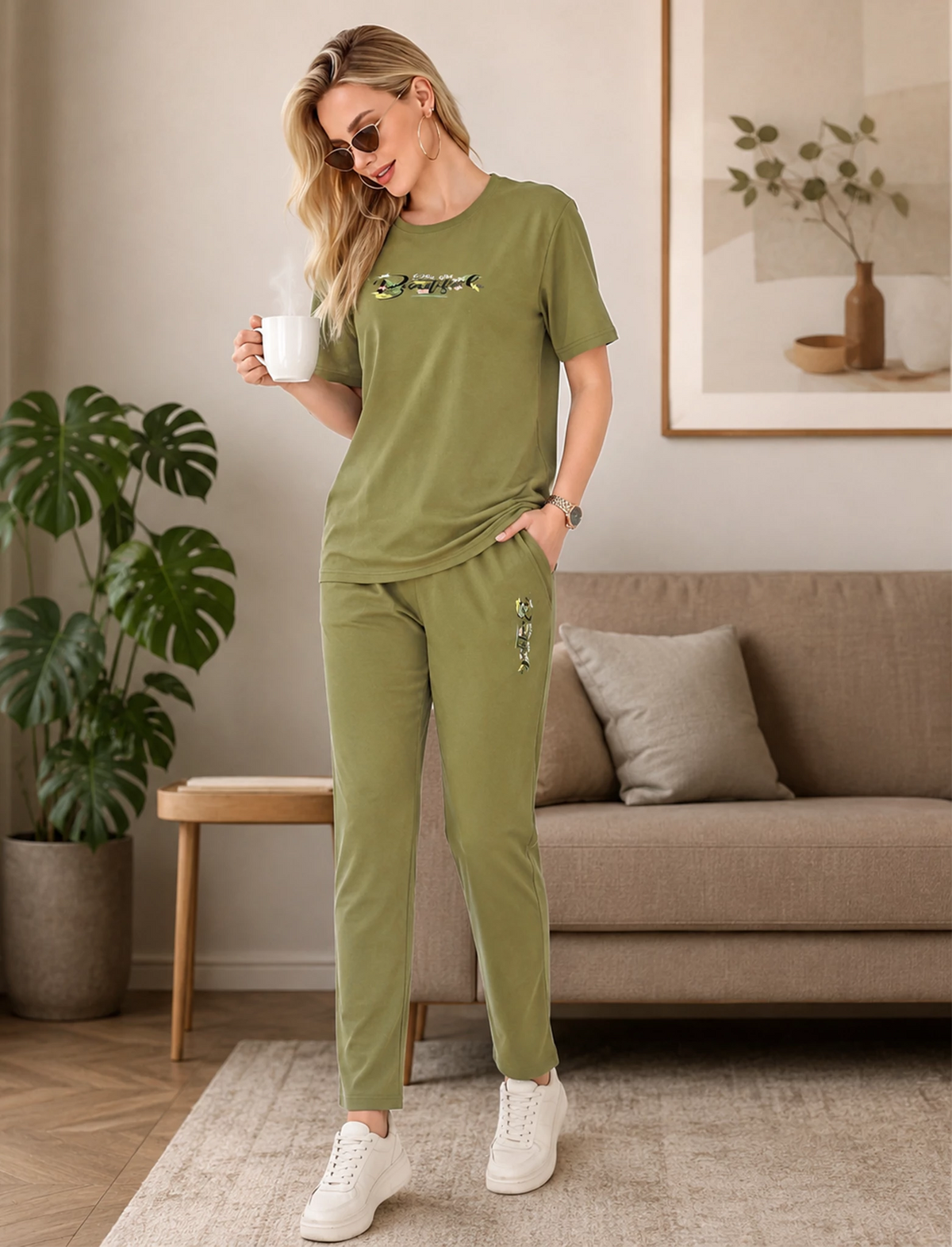 Olive Green Tencel Casual Night Suit - Mangai Nighties