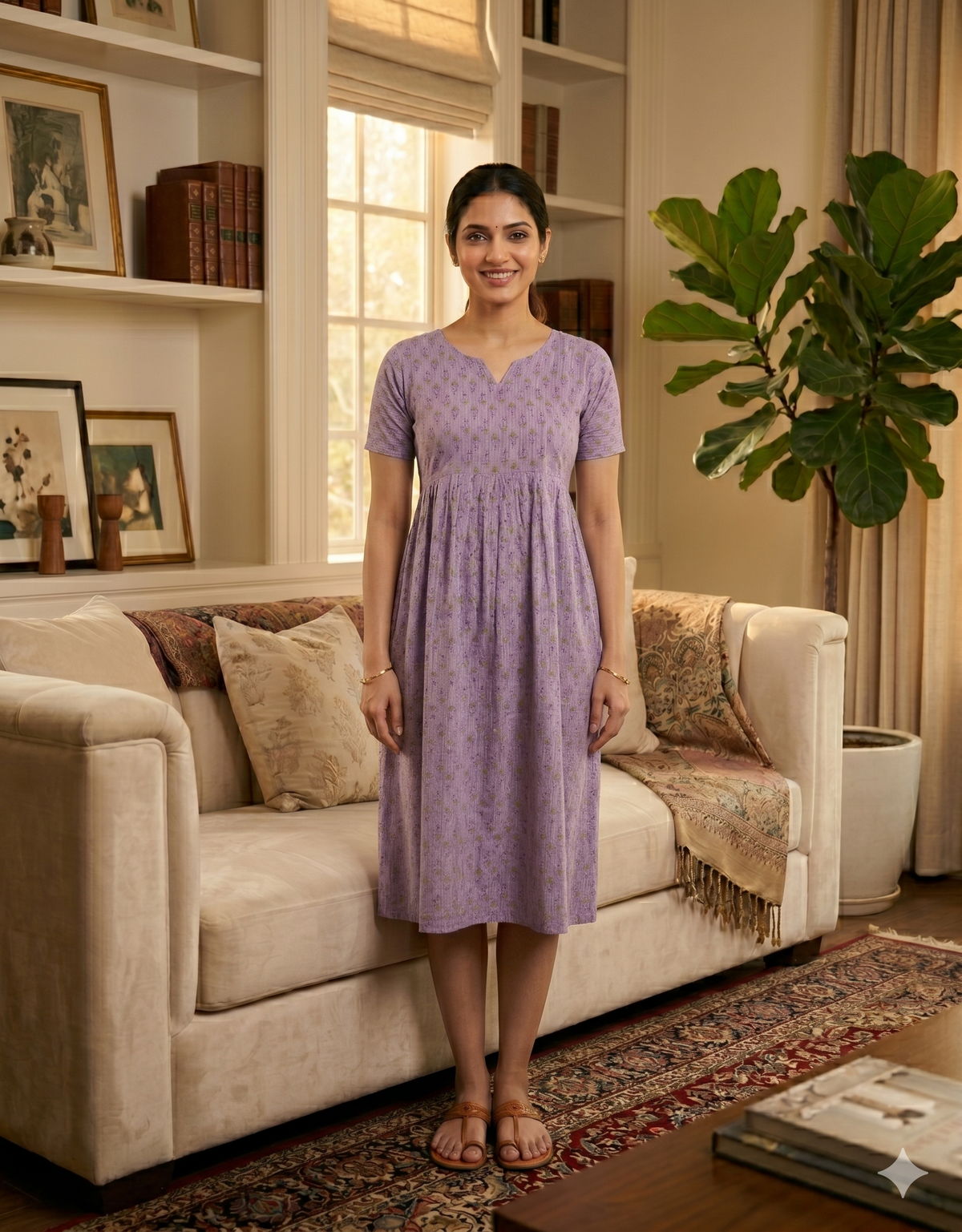 Premium Lavender Katha Printed Maternity & Feeding Maxi Frock – Soft Cotton Round Neck Pleated Nighty with Side Pocket (KFM)