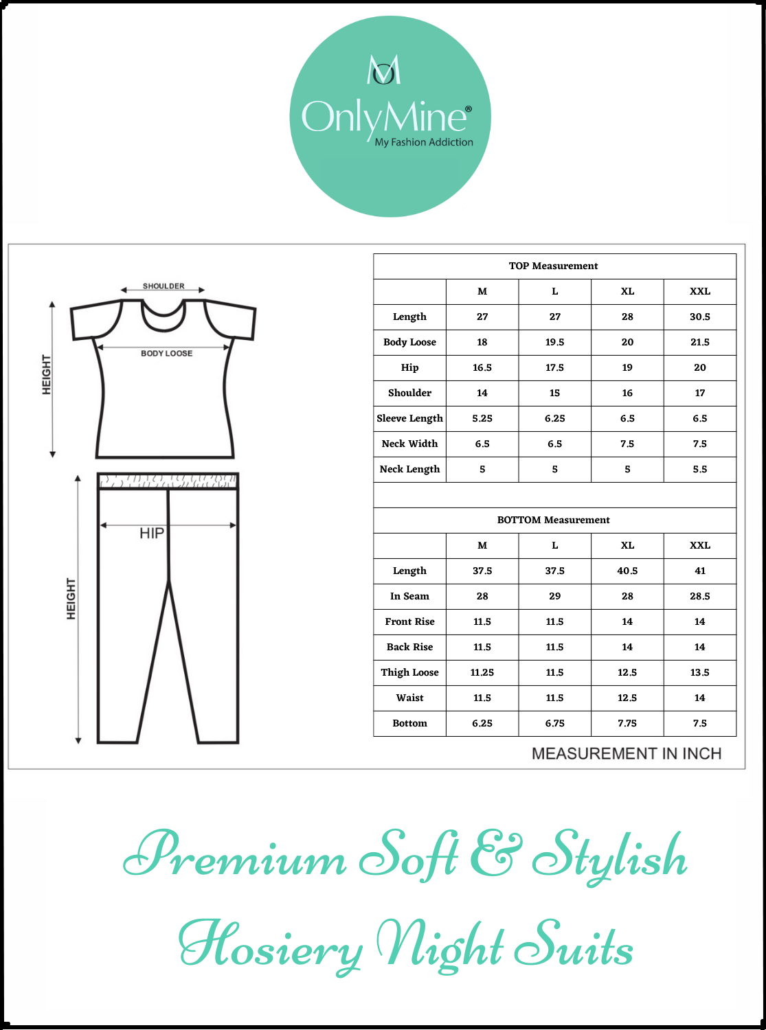 StylishONLY MINE Premium Hosiery Night Suits Branded Top & Bottom Set for Women's