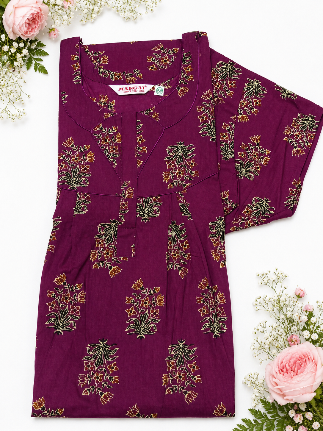 MANGAI Cotton Printed Pleated Model Half Sleeve 3XL Size Nighties (3PZ)
