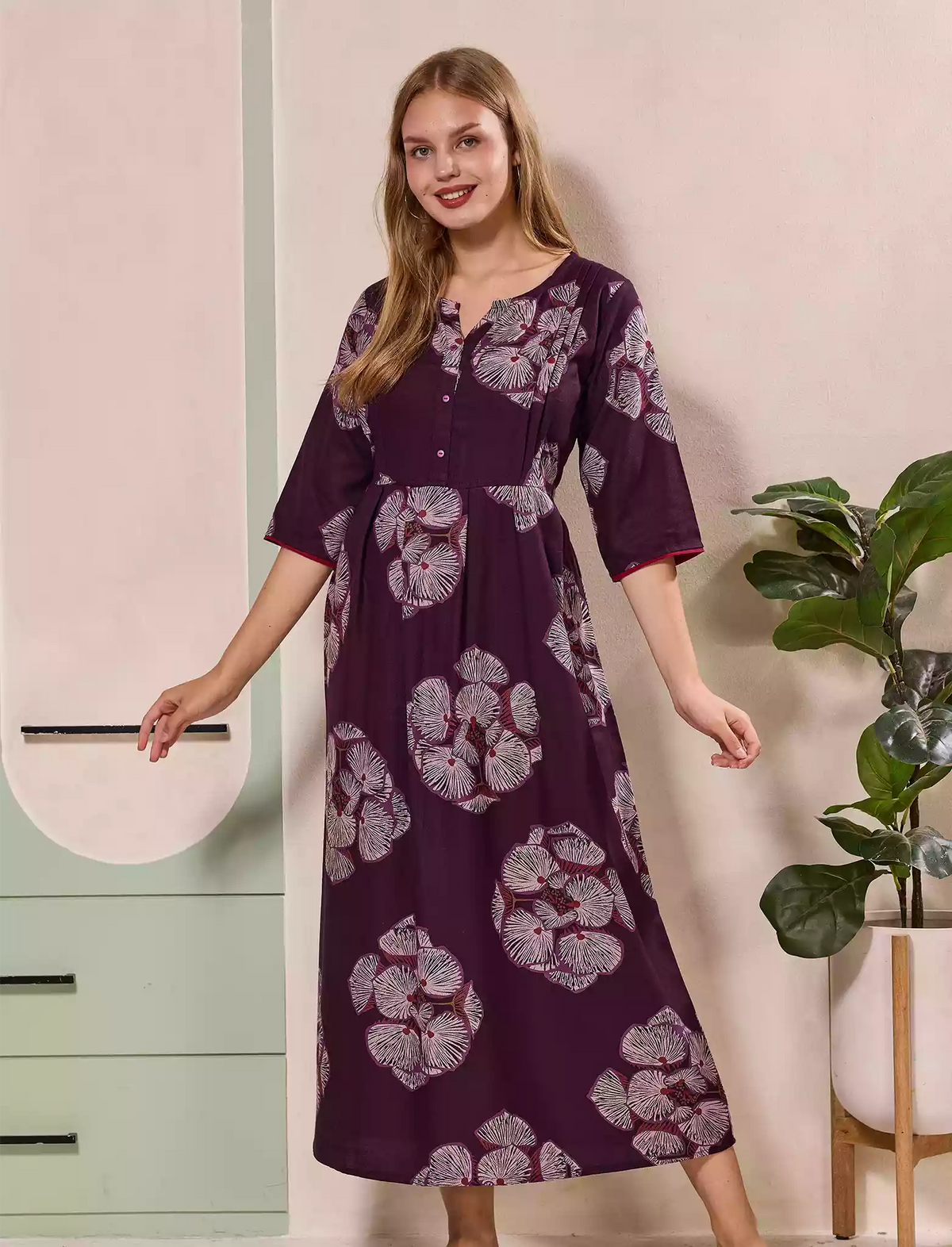Floral Print Kurti Style Long Sleeve with Pocket – Mangai Nighties