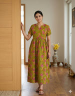 Premium Navy Blue Floral Printed Maternity & Feeding Maxi Frock – Soft Cotton Round Neck Pleated Pregnancy Wear with Side Pocket(KFM)