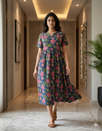 Premium Navy Blue Floral Printed Maternity & Feeding Maxi Frock – Soft Cotton Round Neck Pleated Pregnancy Wear with Side Pocket(KFM)