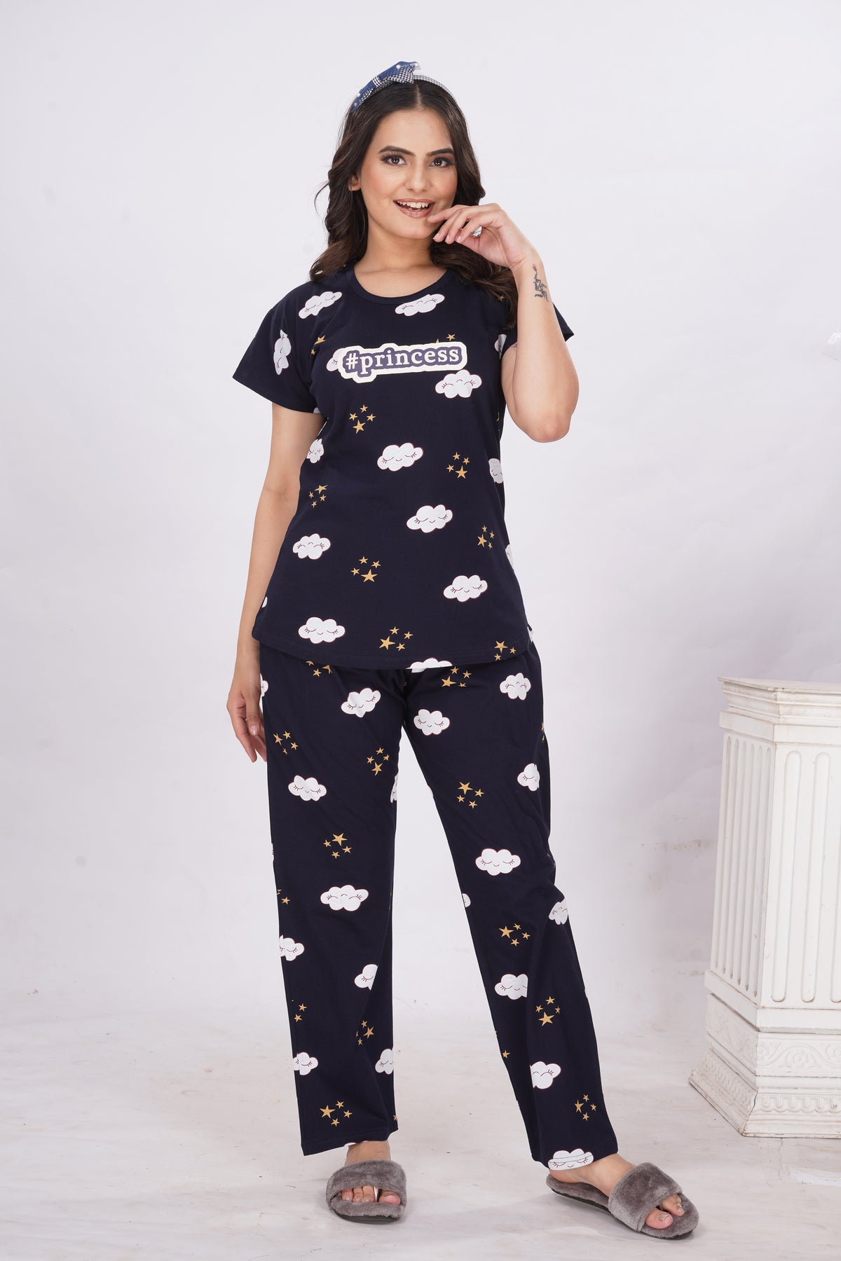 MANGAI Stylish HOSIERY Round Neck Night Suits | Stylish Print's All Over | Top & Bottom Set | Half Sleeve | Trendy Night Suits for Stylish Women's (RNP)