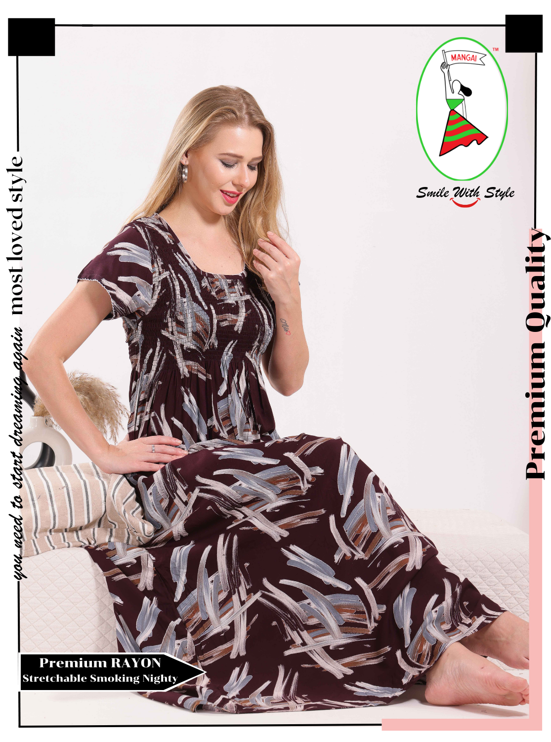 New Arrivals MANGAI Premium RAYON Smokey Nighty | Beautiful Pleated Design | Side Pocket | Stylish Nighty for Trendy Women's | Your Perfect Nightwear Collection's (RYS)