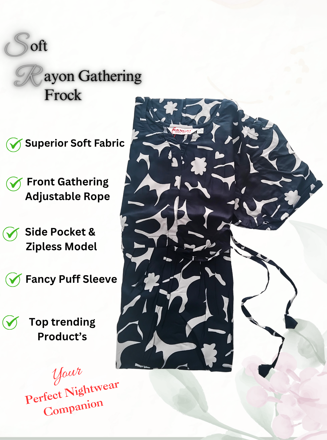 Stylish Arrivals Rayon Gathering Frock Model Night Gown's | Front Adjustable Gathering Style Rope Rope | Puff Sleeve | Trending Collection's for Stylish Women's (FKG)