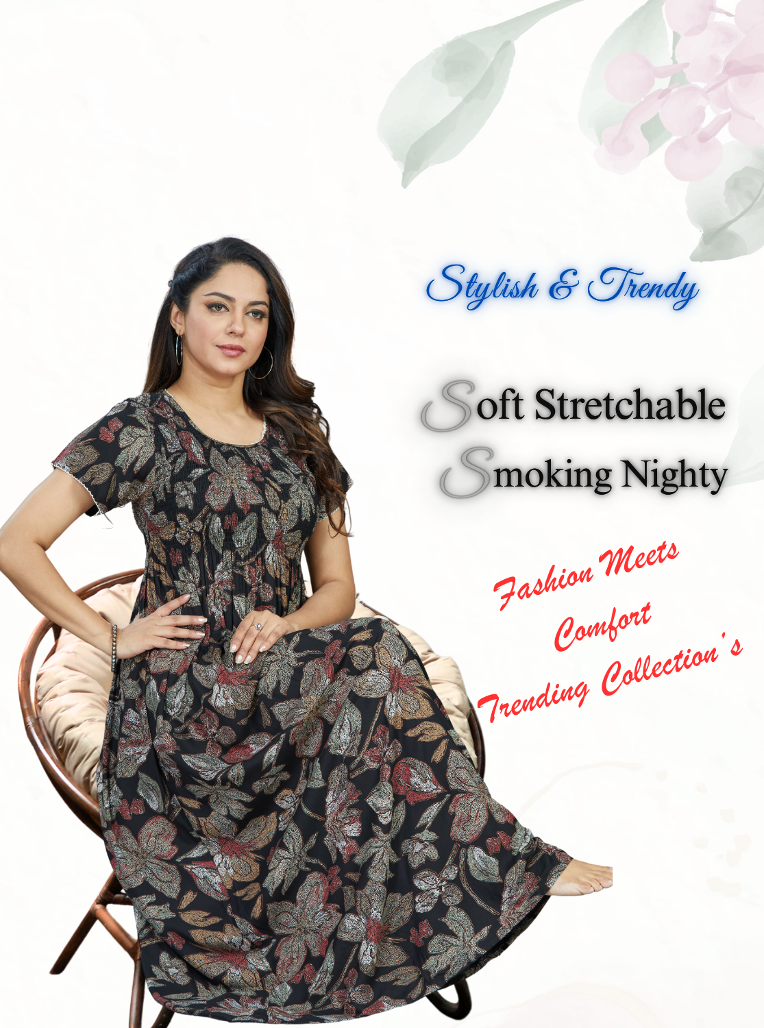 New Arrivals MANGAI Premium RAYON Smokey Nighty | Beautiful Pleated Design | Side Pocket | Stylish Nighty for Trendy Women's | Your Perfect Nightwear Collection's (RYS)