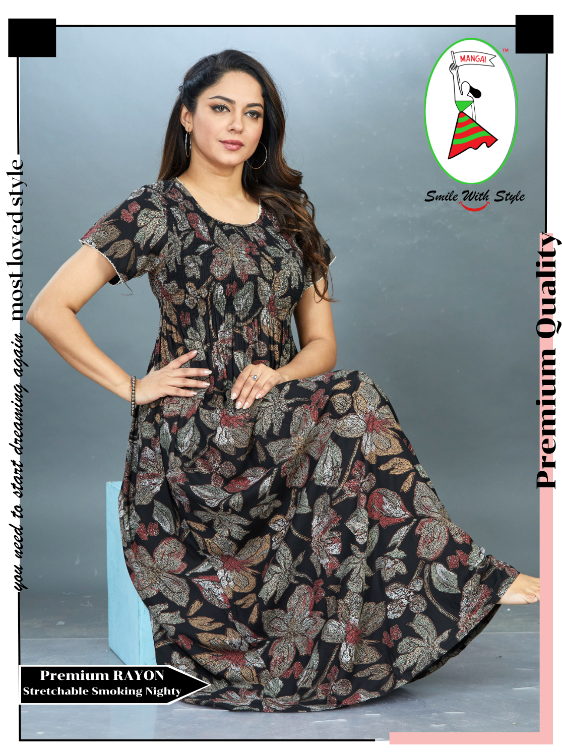 New Arrivals MANGAI Premium RAYON Smokey Nighty | Beautiful Pleated Design | Side Pocket | Stylish Nighty for Trendy Women's | Your Perfect Nightwear Collection's (RYS)