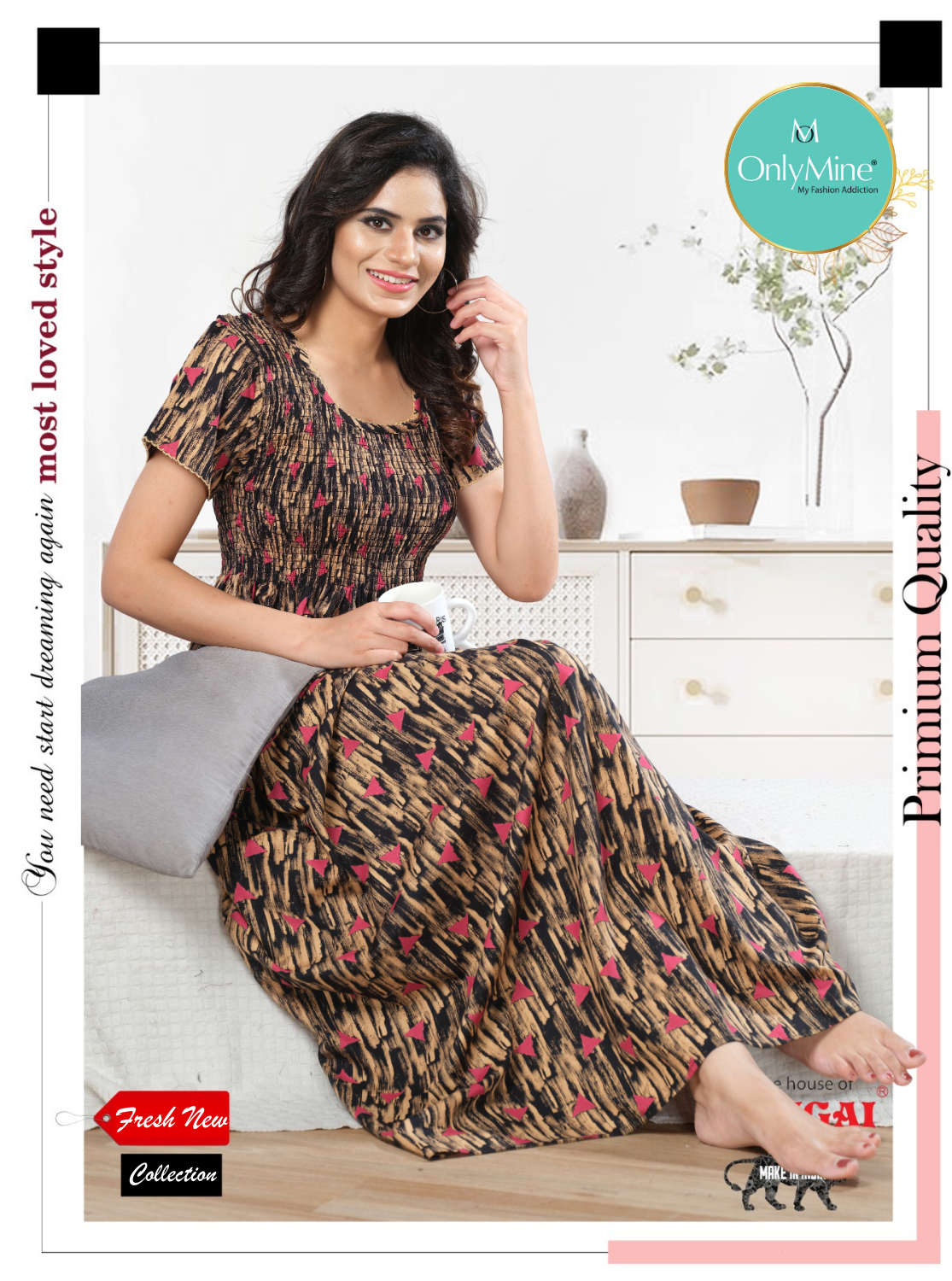 ONLY MINE Premium Synthetic Smokey Nighty | Beautiful Pleated Design | Side Pocket | Stylish Nighty for Stylish Women's