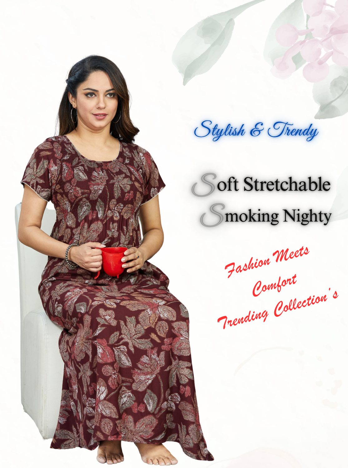 New Arrivals MANGAI Premium RAYON Smokey Nighty | Beautiful Pleated Design | Side Pocket | Stylish Nighty for Trendy Women's | Your Perfect Nightwear Collection's (RYS)