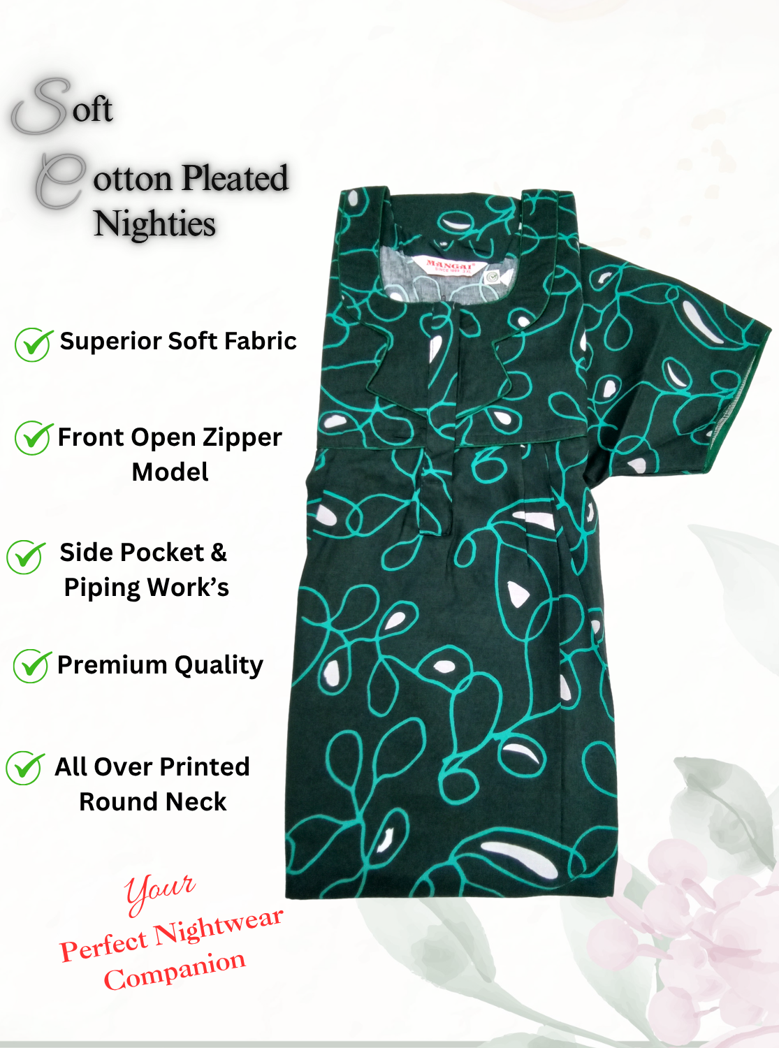 MANGAI Premium Cotton Printed Pleated Model Half Sleeve 3XL Size Nighties - Fancy Neck | With Side Pocket |Shrinkage Free Nighties | Trendy Collection's for Stylish Women's (3PZZ)