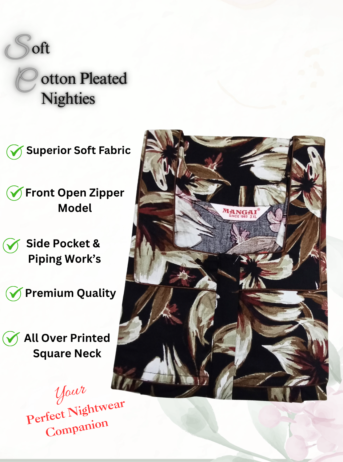 MANGAI Premium Cotton Printed Pleated Model Half Sleeve 3XL Size Nighties - Fancy Neck | With Side Pocket |Shrinkage Free Nighties | Trendy Collection's for Stylish Women's (3PZZ)