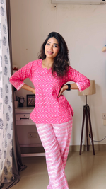 MANGAI Premium Cotton Printed Cambric Night Suits | Stylish Print's All Over | Top & Bottom Set | 3/4 Sleeve | Trendy Night Suits for Stylish Women's (CMNS)