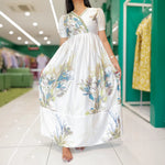 Cream Rayon Floral Maxi Frock with Pocket & Puff Sleeves - Mangai Nighties 