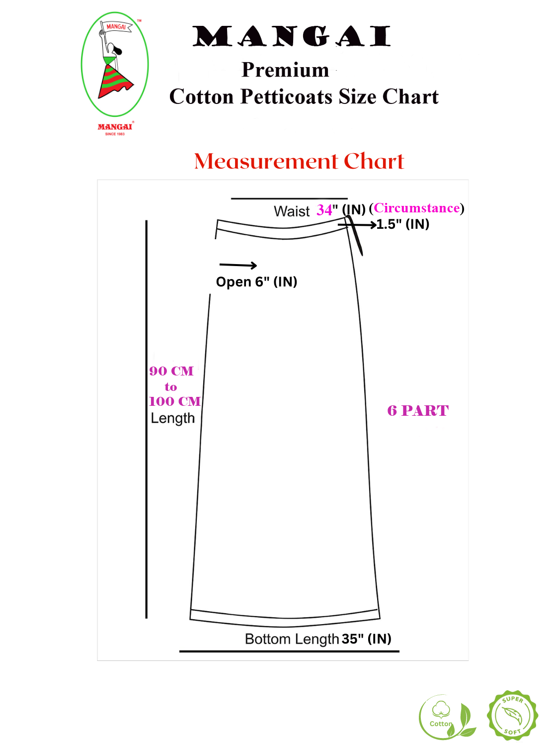 MANGAI Premium Elegant Cotton Petticoats - 6 Part | Matched Drawstring | Transitional & Comfortable, Multiple Colours | Premium Branded Women's Cotton Embroidery Petticoats (SUP-PC)