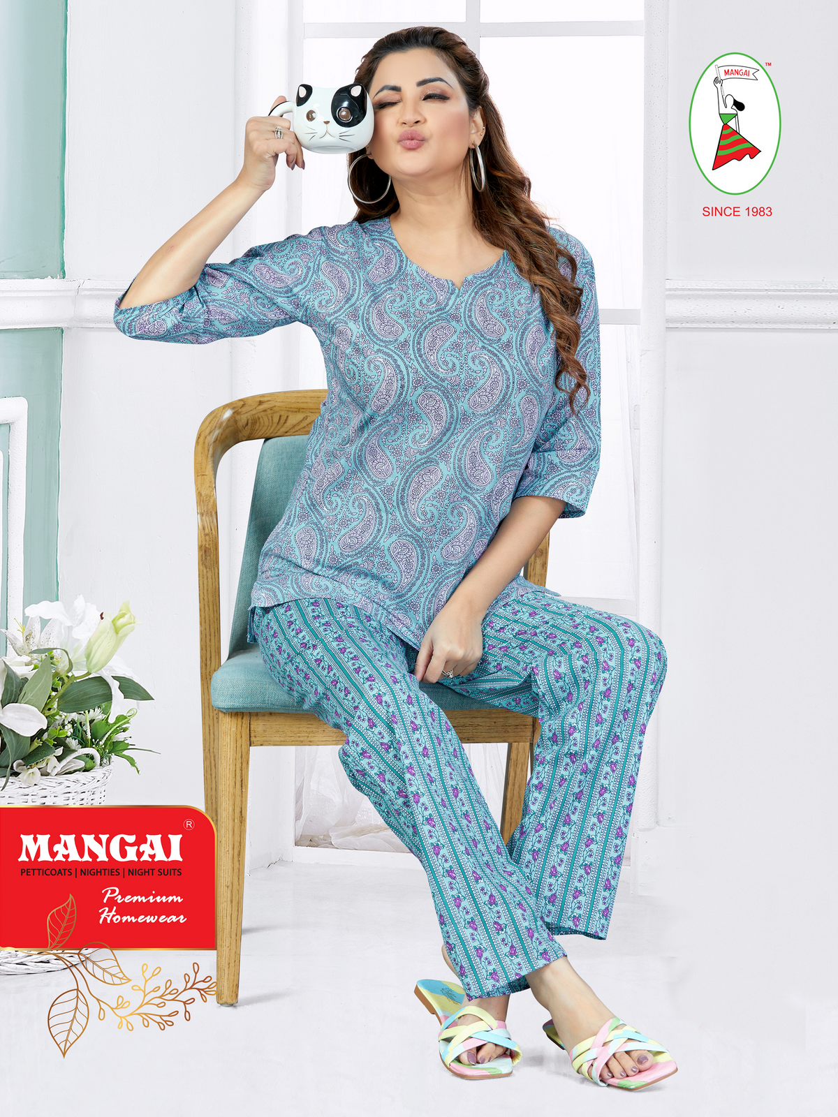 MANGAI Premium Cotton Printed Cambric Night Suits | Stylish Print's All Over | Top & Bottom Set | 3/4 Sleeve | Trendy Night Suits for Stylish Women's (CMNS)