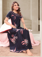 Women's Rayon Pleated Nighty – Autumn Leaf Print & Fancy Bow Neck , Breathable Loungewear.