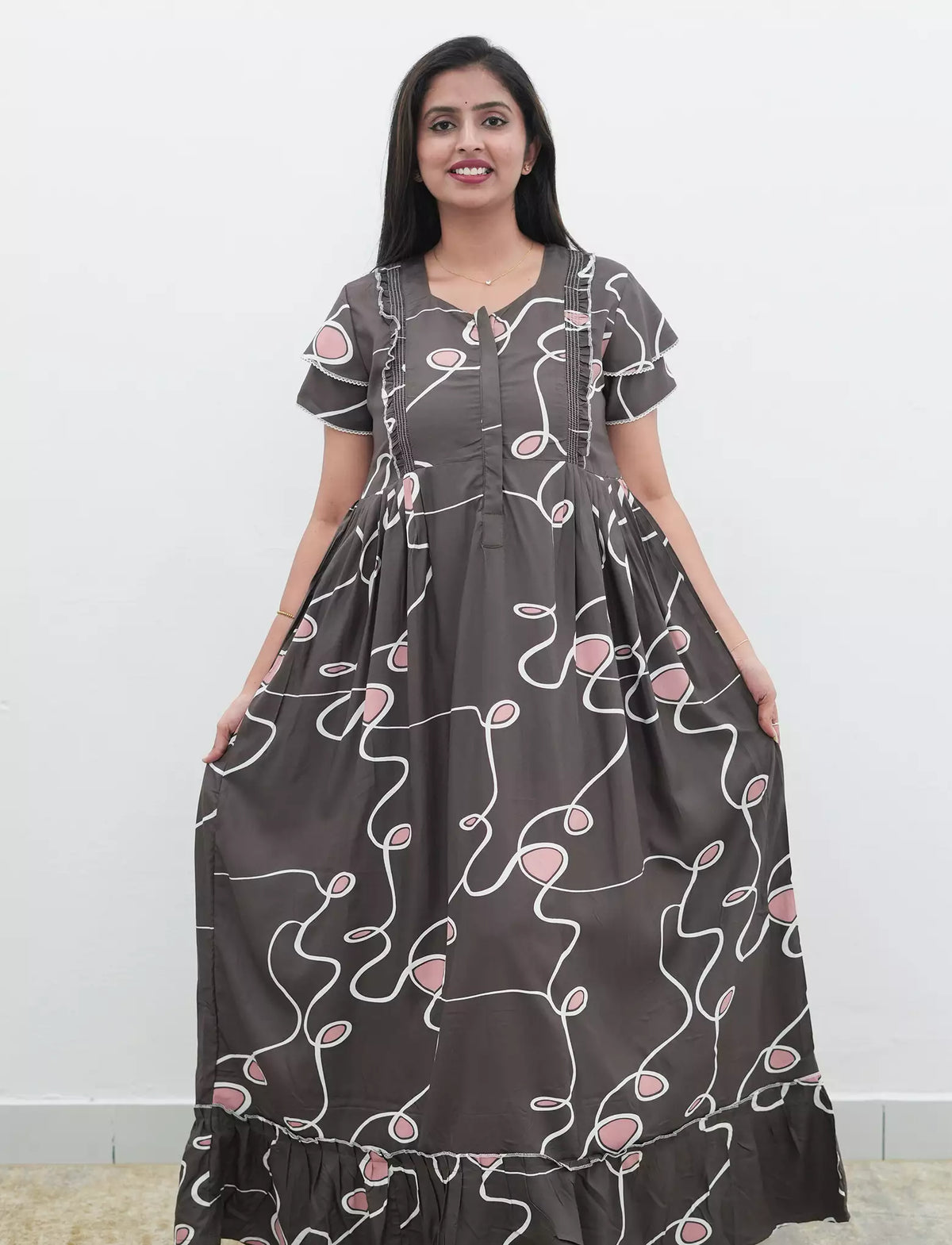 Navy Abstract Loop Print Rayon Front Zipper Feeding Full Frock with Layer Sleeve - Mangai Nighties