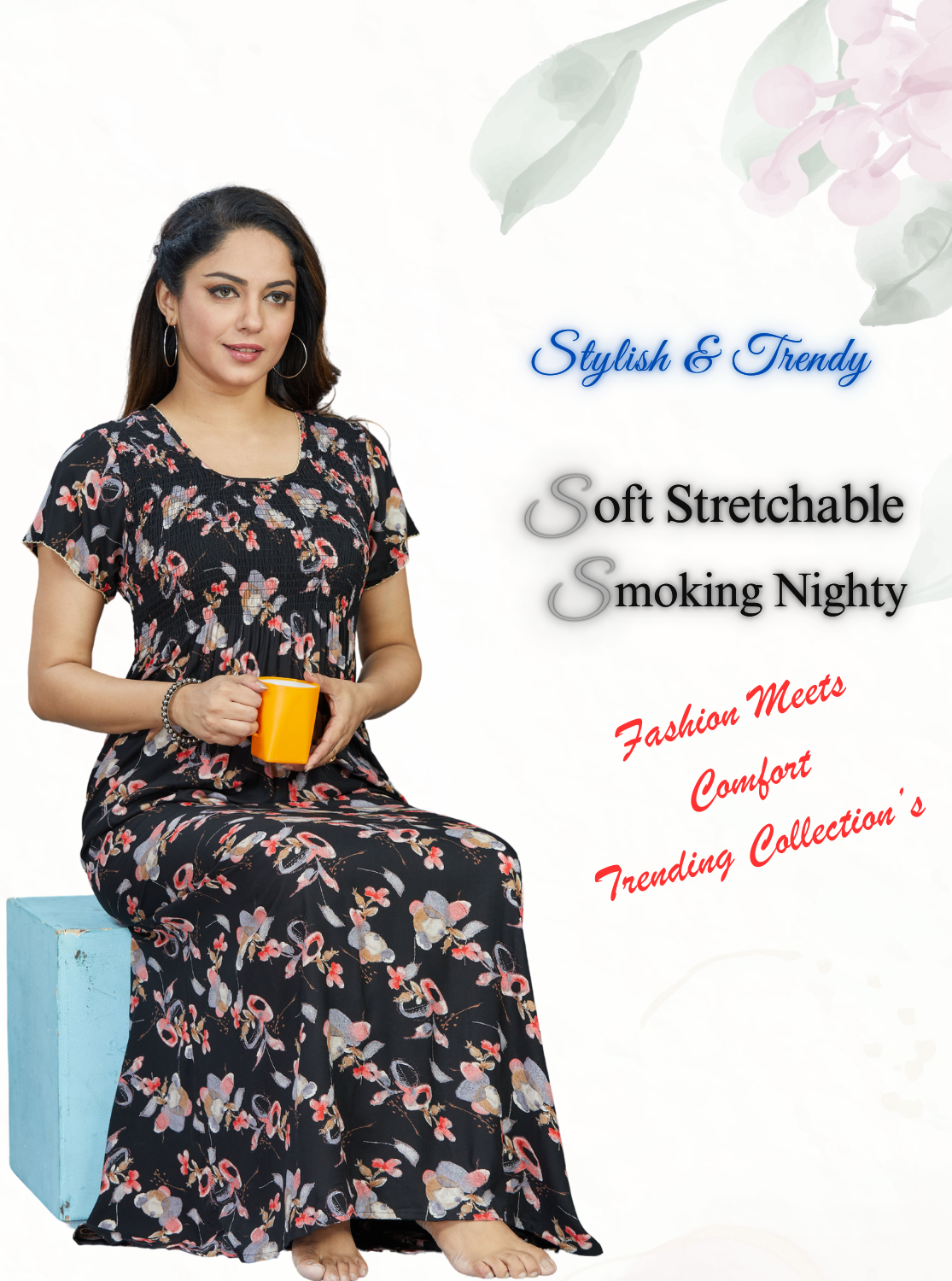 New Arrivals MANGAI Premium RAYON Smokey Nighty | Beautiful Pleated Design | Side Pocket | Stylish Nighty for Trendy Women's | Your Perfect Nightwear Collection's (RYS)