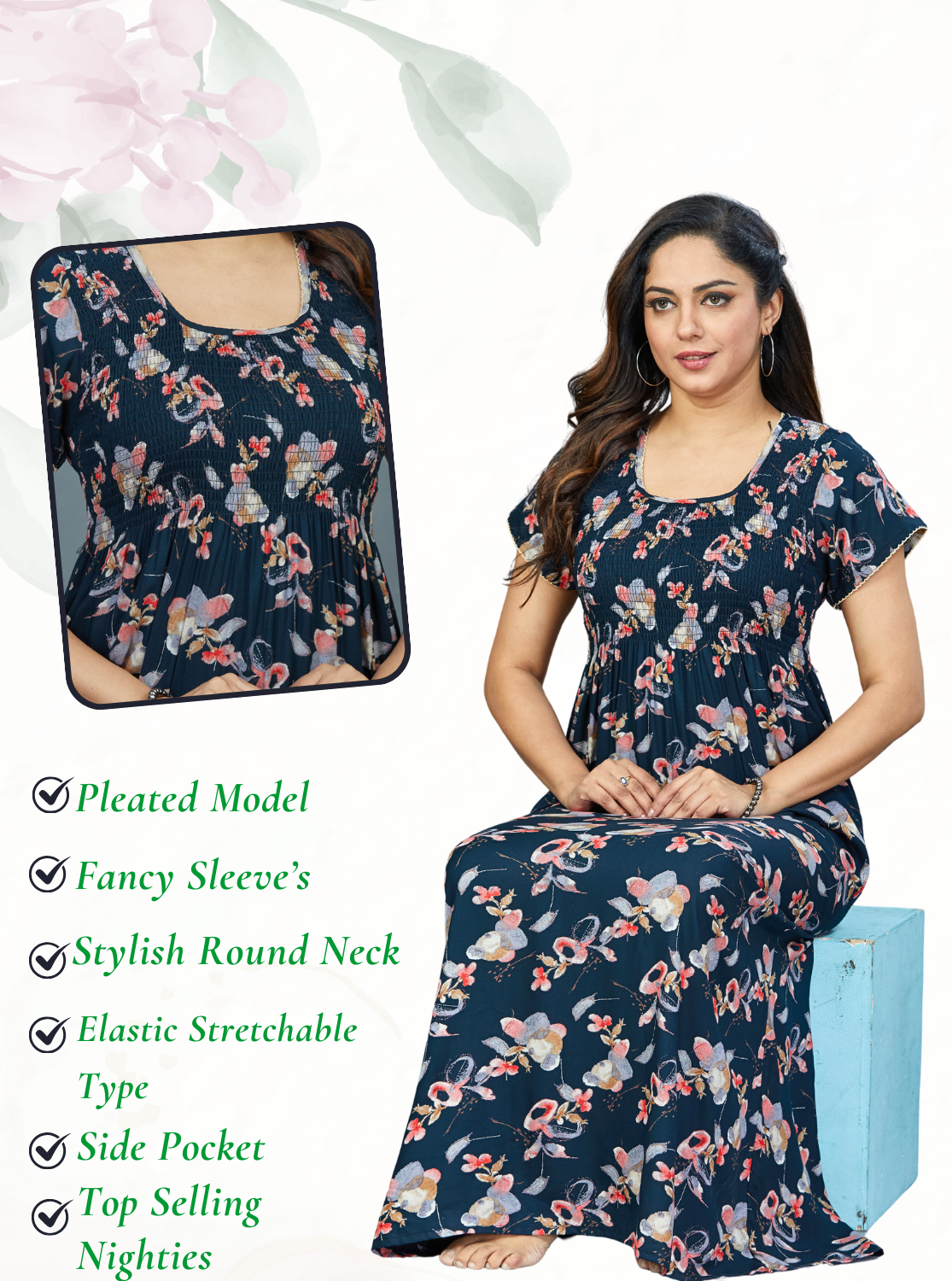 New Arrivals MANGAI Premium RAYON Smokey Nighty | Beautiful Pleated Design | Side Pocket | Stylish Nighty for Trendy Women's | Your Perfect Nightwear Collection's (RYS)