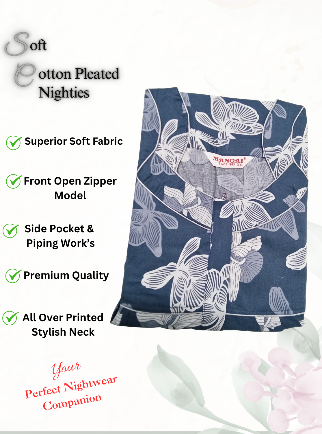 MANGAI Premium Cotton Printed Pleated Model Half Sleeve 3XL Size Nighties - Fancy Neck | With Side Pocket |Shrinkage Free Nighties | Trendy Collection's for Stylish Women's (3PZZ)