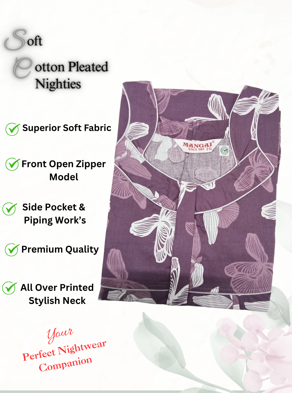 MANGAI Premium Cotton Printed Pleated Model Half Sleeve 3XL Size Nighties - Fancy Neck | With Side Pocket |Shrinkage Free Nighties | Trendy Collection's for Stylish Women's (3PZZ)