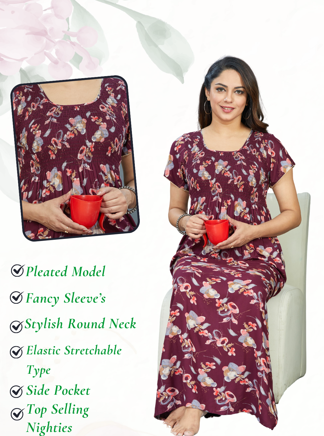 New Arrivals MANGAI Premium RAYON Smokey Nighty | Beautiful Pleated Design | Side Pocket | Stylish Nighty for Trendy Women's | Your Perfect Nightwear Collection's (RYS)