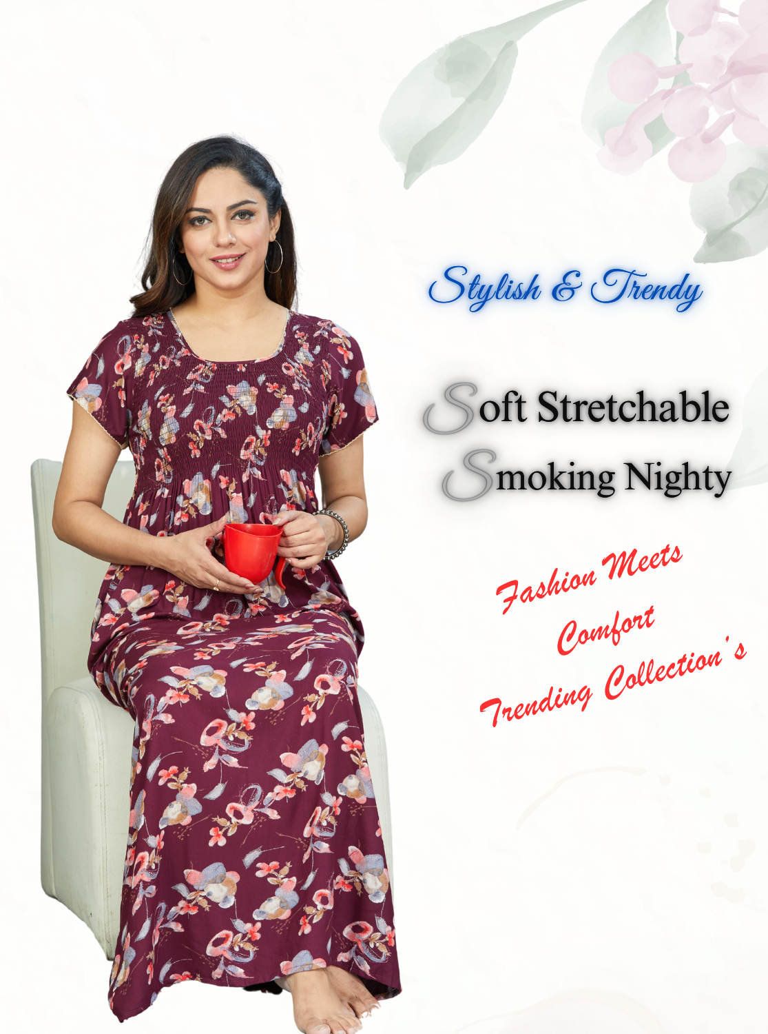 New Arrivals MANGAI Premium RAYON Smokey Nighty | Beautiful Pleated Design | Side Pocket | Stylish Nighty for Trendy Women's | Your Perfect Nightwear Collection's (RYS)