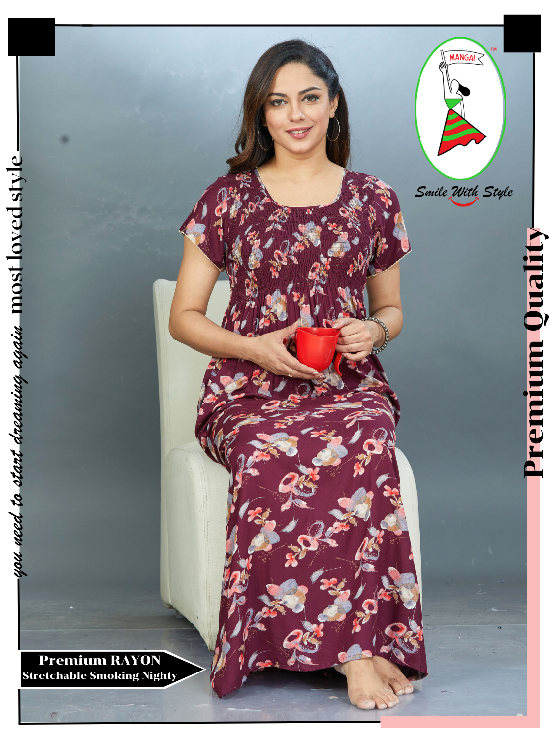 New Arrivals MANGAI Premium RAYON Smokey Nighty | Beautiful Pleated Design | Side Pocket | Stylish Nighty for Trendy Women's | Your Perfect Nightwear Collection's (RYS)