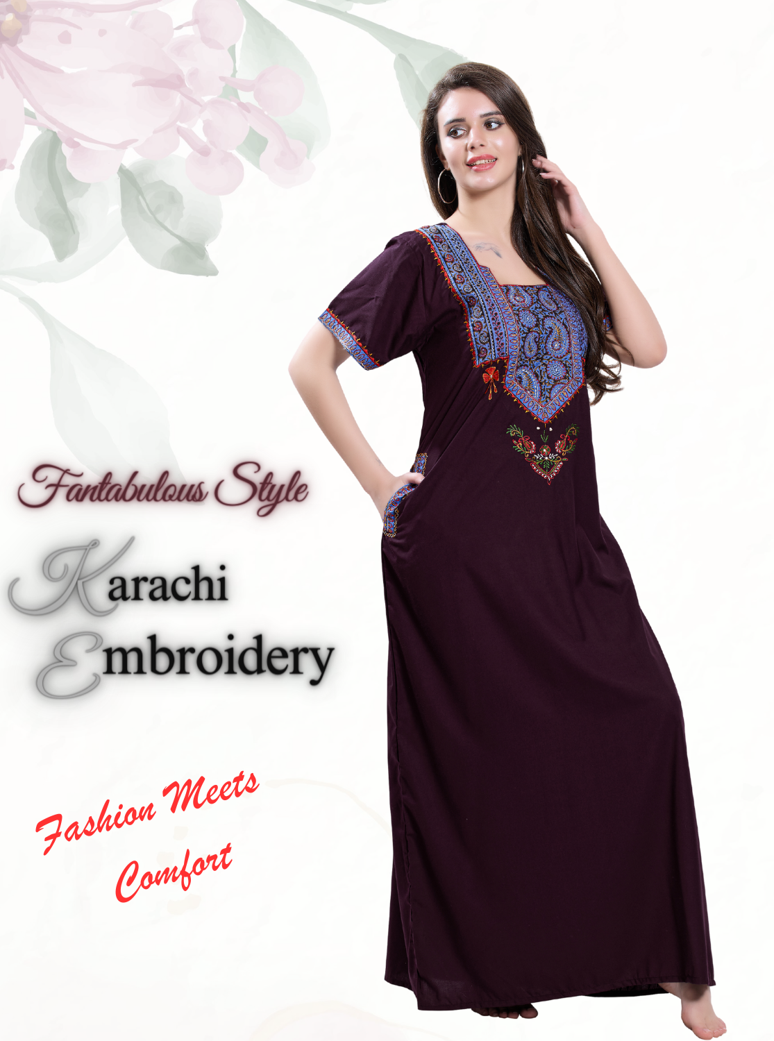 MANGAI Premium KARACHI Embroidery Nighties | Beautiful Embroidery Design's | Branded Quality | Half Sleeve | Regular Model | Stylish Nightdress for Women (KEM)