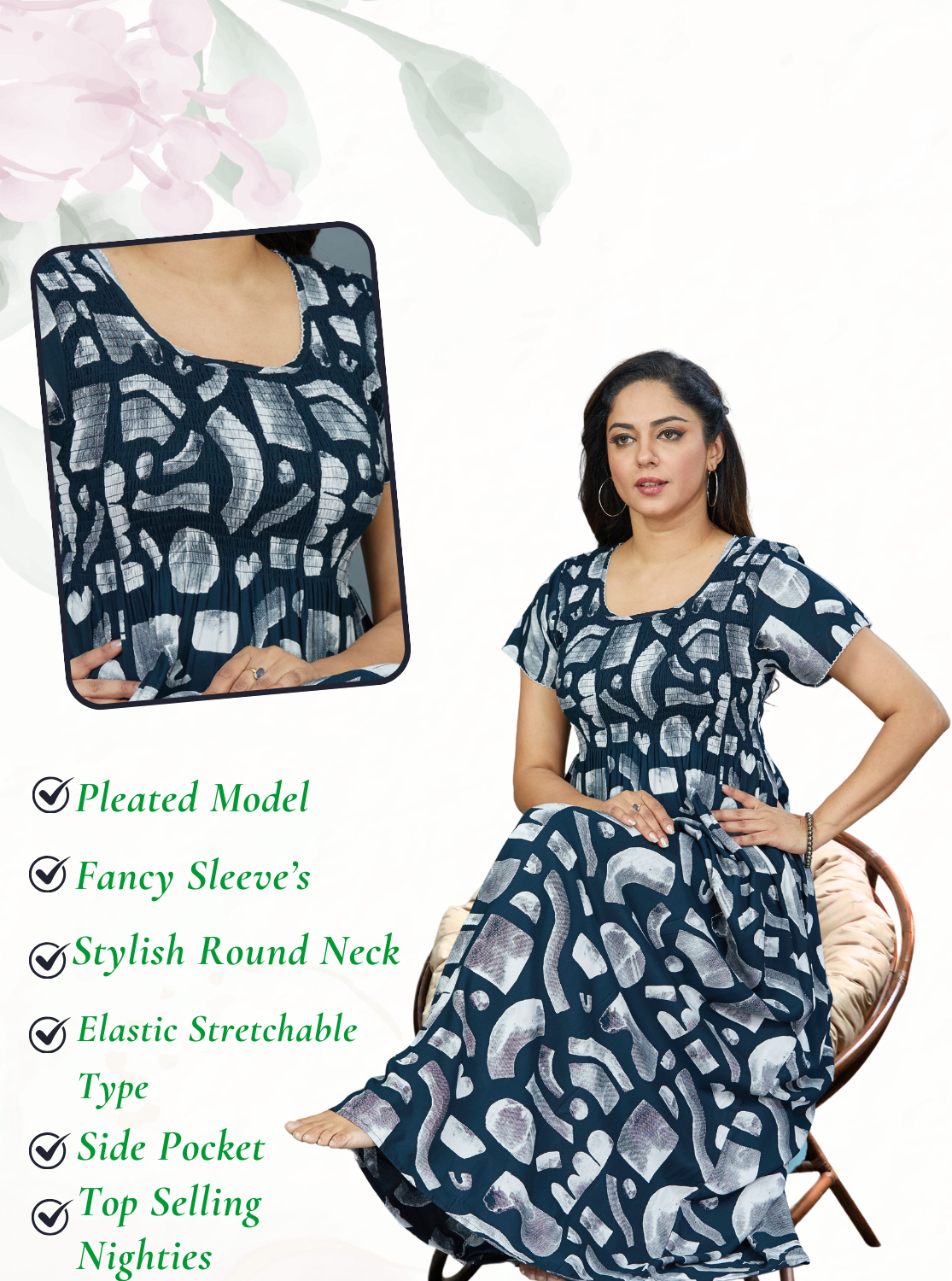 New Arrivals MANGAI Premium RAYON Smokey Nighty | Beautiful Pleated Design | Side Pocket | Stylish Nighty for Trendy Women's | Your Perfect Nightwear Collection's (RYS)