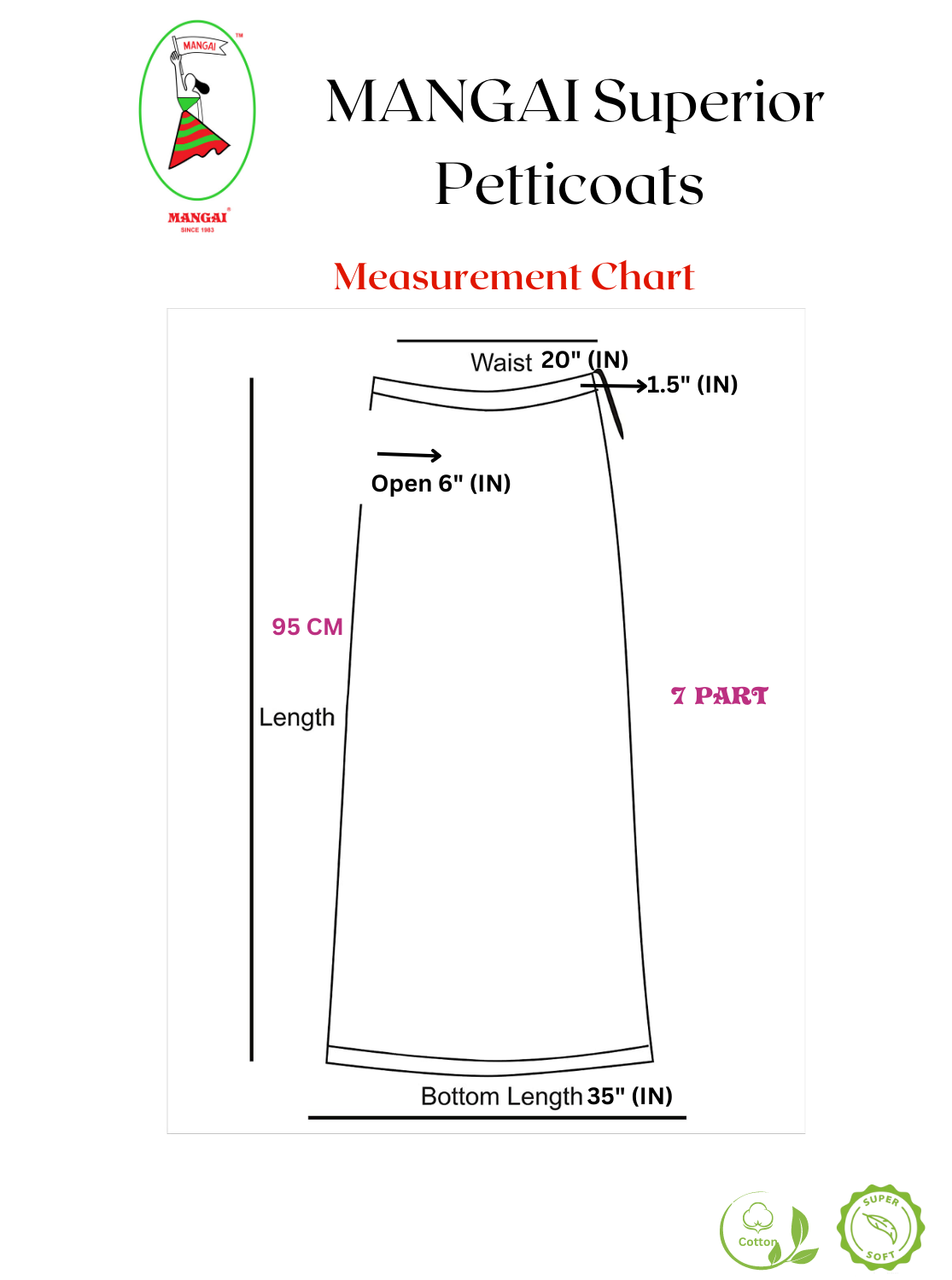 New MANGAI Premium Embroidery Superior Cotton Petticoats - 7 Part Multiple Color's