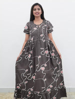 Navy Abstract Loop Print Rayon Front Zipper Feeding Full Frock with Layer Sleeve - Mangai Nighties