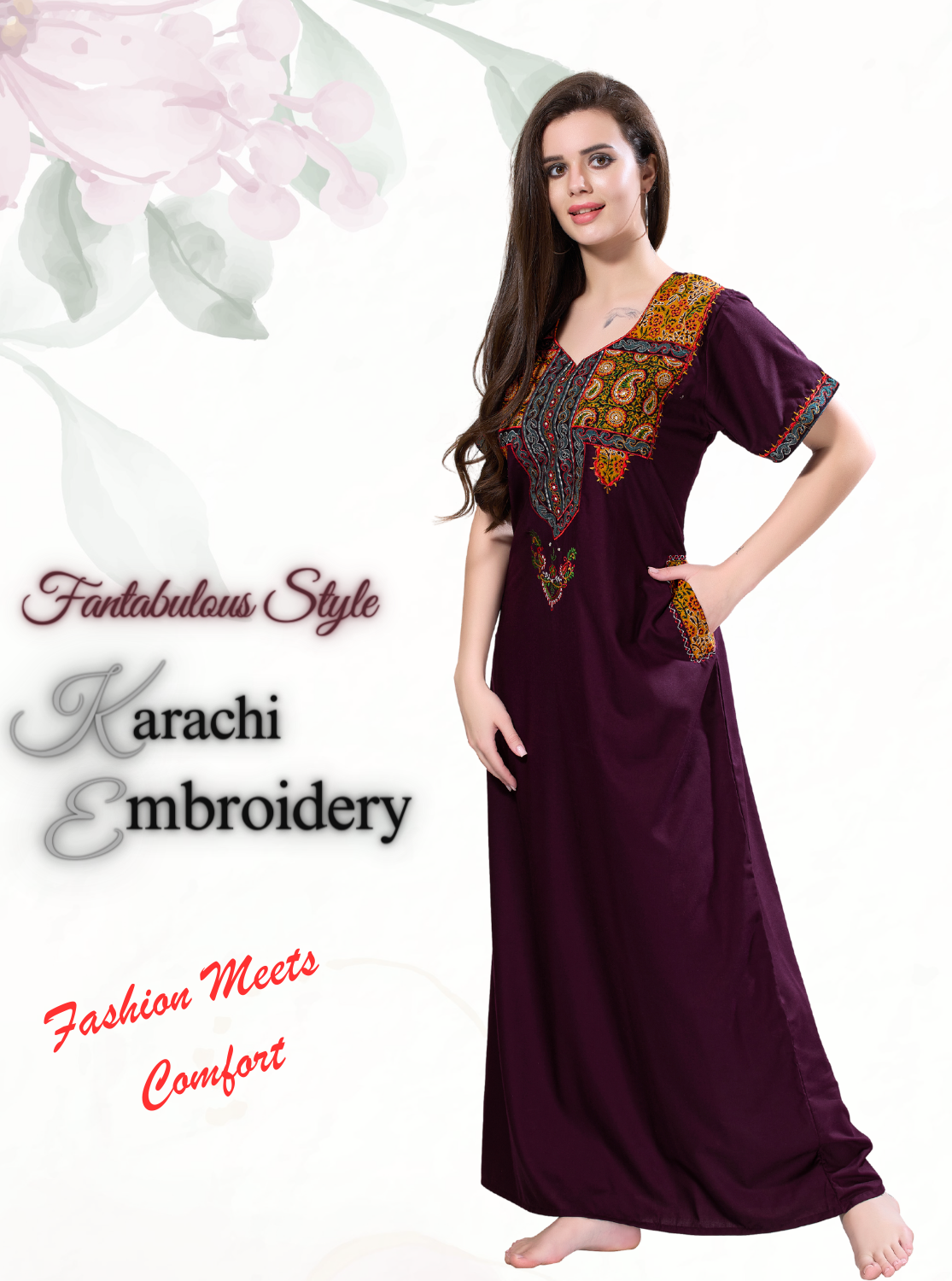 MANGAI Premium KARACHI Embroidery Nighties | Beautiful Embroidery Design's | Branded Quality | Half Sleeve | Regular Model | Stylish Nightdress for Women