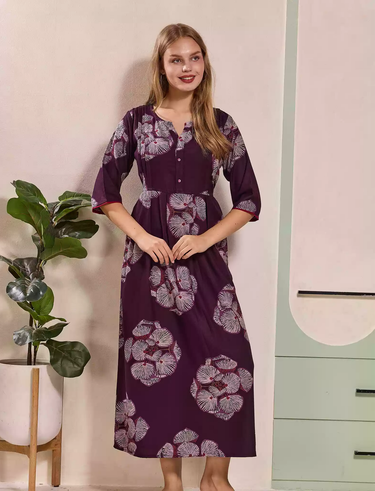 Floral Print Kurti Style Long Sleeve with Pocket – Mangai Nighties