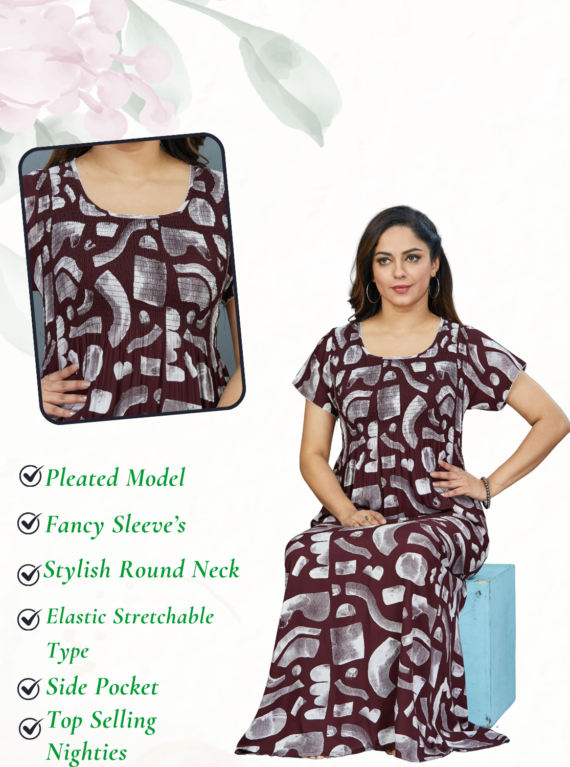 New Arrivals MANGAI Premium RAYON Smokey Nighty | Beautiful Pleated Design | Side Pocket | Stylish Nighty for Trendy Women's | Your Perfect Nightwear Collection's (RYS)