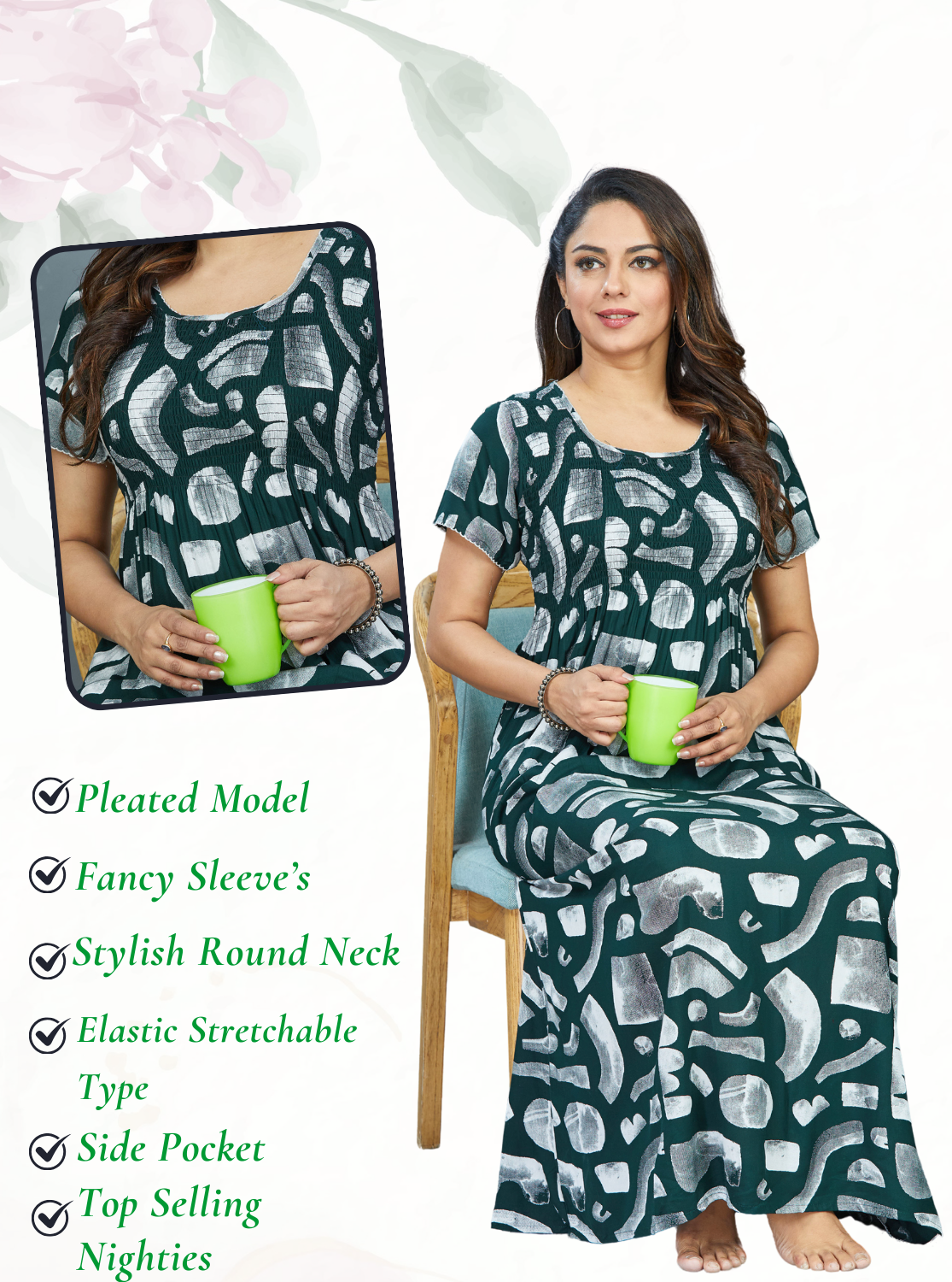 New Arrivals MANGAI Premium RAYON Smokey Nighty | Beautiful Pleated Design | Side Pocket | Stylish Nighty for Trendy Women's | Your Perfect Nightwear Collection's (RYS)