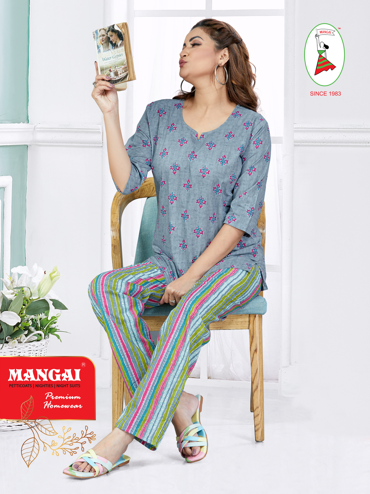 MANGAI Premium Cotton Printed Cambric Night Suits | Stylish Print's All Over | Top & Bottom Set | 3/4 Sleeve | Trendy Night Suits for Stylish Women's (CMNS)