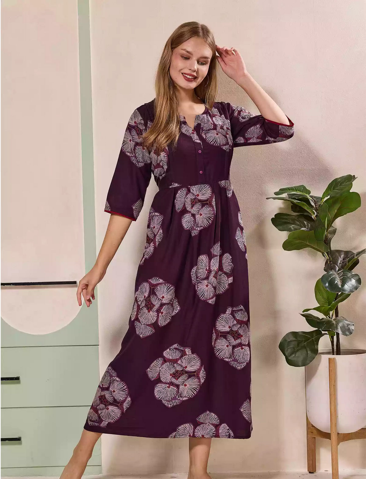 Floral Print Kurti Style Long Sleeve with Pocket – Mangai Nighties