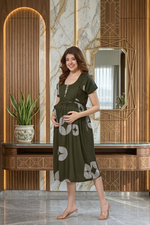 Black Printed Rayon Maternity Maxi Dress with Feeding Zipper | Adjustable Tie-Up | Soft Breathable Pregnancy & Nursing Wear (FIO-M)