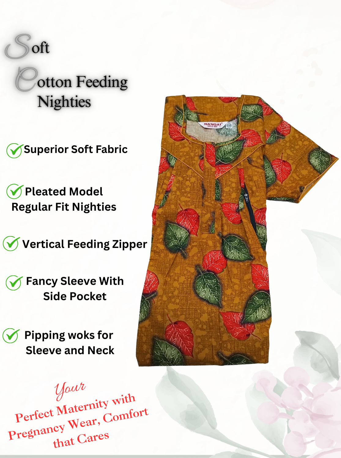 MANGAI Cotton Straight Zip Feeding Nighty |Post Pregnancy | Comfort and Style | Pleated Model | Soft Cotton Feeding Nighties (STF)