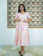 Rayon Abstract Print Foil Gathering Maxi with Puff Sleeve - Mangai Nighties