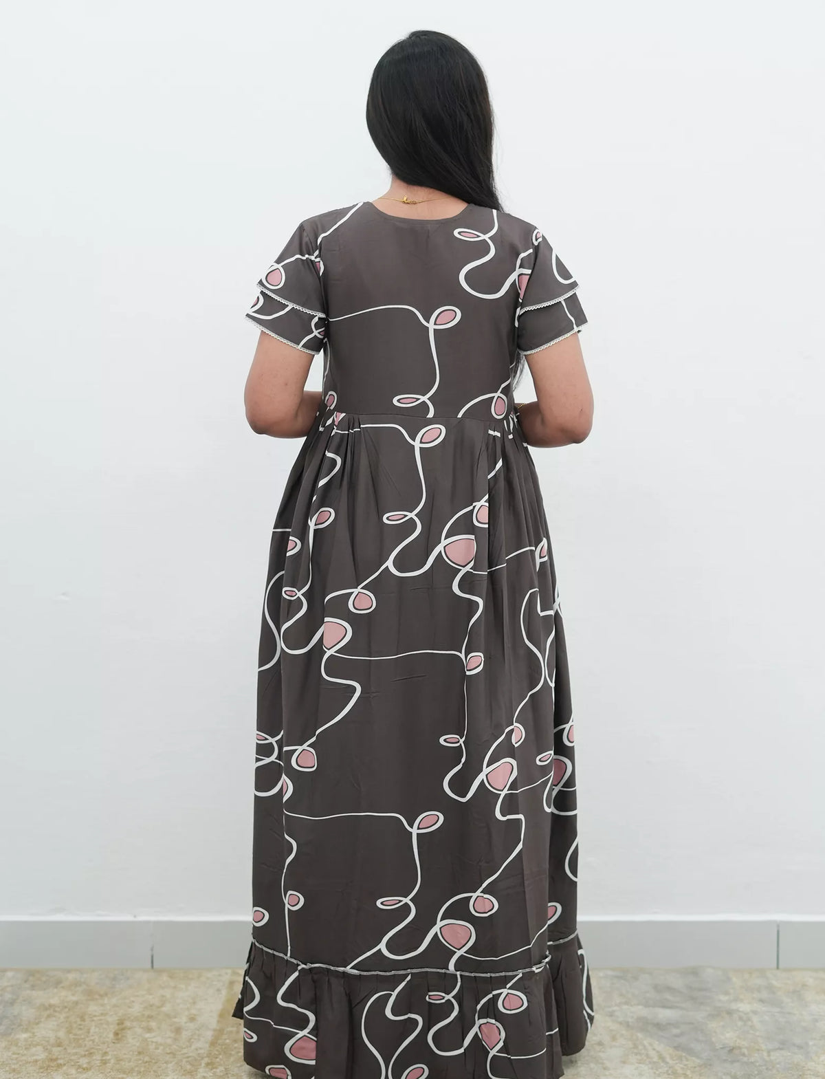 Navy Abstract Loop Print Rayon Front Zipper Feeding Full Frock with Layer Sleeve - Mangai Nighties